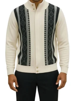 (4XL) Cream Vertical Pattern Zip Sweater Jacket
